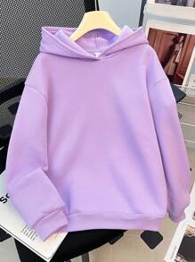 SHEIN Tween Girls Casual Loose Fit Thermal Lined Hoodie Sweatshirt, Thick For Autumn/Winter