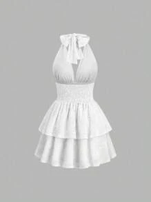 SHEIN Sweetro Vestido mini con escote en V profundo y espalda descubierta, cintura ceñida, estilo francés para mujeres - Blanco - Ver 2