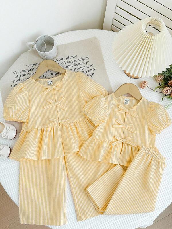 LMoss Kids LMoss  Baby Girl Woven Striped Puff Sleeve Casual Shirt And Loose Casual Pants Two Pieces Set