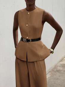 Aveloria Modichic Áo khoác Blazer nữ không tay khóa kim loại bất đối xứng thiết kế độc đáo cổ tròn thắt eo thắt lưng da giả kim loại - Cà phê nâu - Xem 3