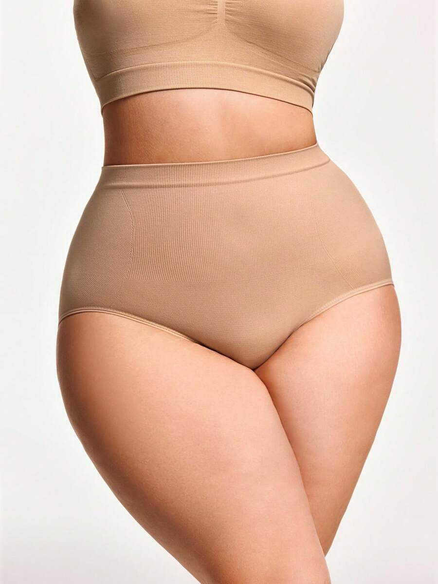 SHAPORA Plus Size Women Solid Color Ribbed Seamless Panty Shapewear Bottom
