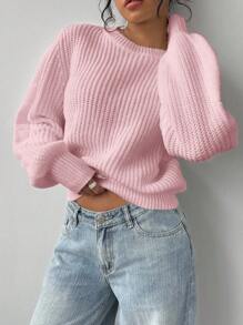 SHEIN BASICS Women's Solid Color Round Neck Loose Casual Sweater In Fall/Winter - Pink - View 4