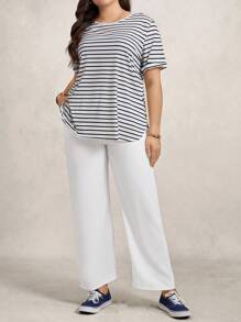 Zelara Plus Size Round Neck Striped Printed Short Sleeve Casual Everyday Fall T-Shirt Travel Airport Navycore - Black and White - View 4