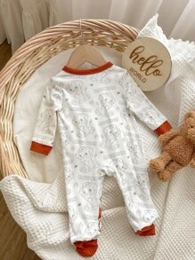 2 件装新生儿男孩可爱狮子卡通印花圆领斜襟连身裤和帽子套装，柔软舒适睡衣 - 米色 - 查看 2