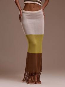 MUSERA Low Rise Knit Tassle Hem Ombre Maxi Skirt Ibiza Fits Holiday Vacation Sexy Beach Romantic Elegant Occasion Birthday Boho Rafia Fall Thanksgiving Chic