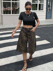 Livesso 女士豹纹宽松牛仔短裤，夏季 - 棕色 - 查看 5