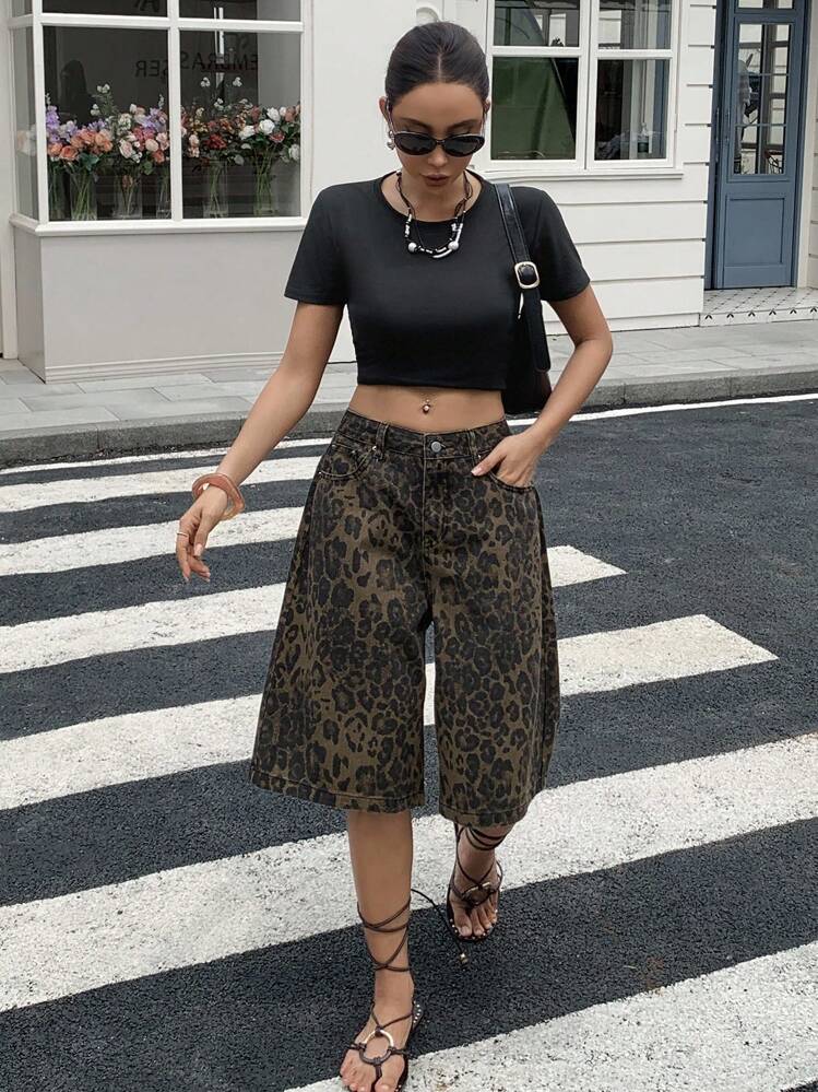 Livesso Shorts Denim Soltos com Estampa de Onça Femininos, Jorts de Verão - Castanho - Visão 5