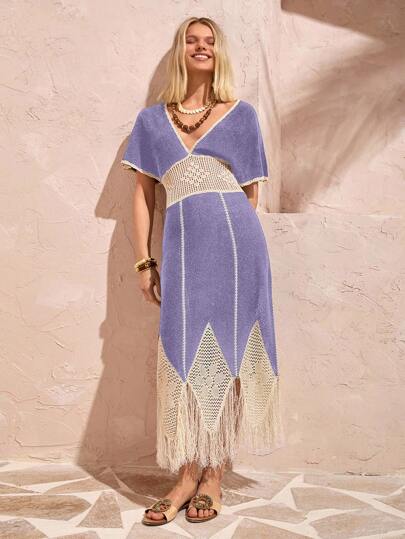 Bóhologie Women V-Neck Hollow Out Detailed Midi Knit Sweater Dress,Petite