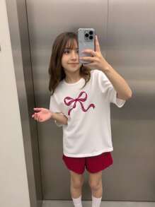 Set da due pezzi per ragazze pre-adolescenti, composto da top a maniche corte con stampa a fiocco in jacquard avorio e pantaloncini a righe in maglia, adatto per il ritorno a scuola - Multicolore - Visualizzare 4