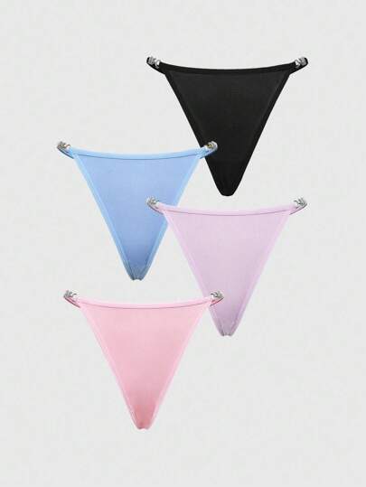 Goth 4pcs Set Floral Ribbed Strappy Metallic Buckle G-String Underwear