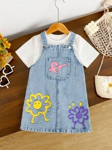 Girls Blue Washed Casual Loose A-Line Denim Dress, Adjustable Shoulder Strap, Sweet Heart & Colorful Floral Print, Versatile & Fashionable For Daily Wear