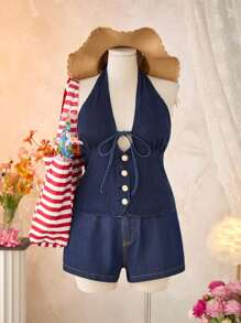 SHEIN MOD 大码女式休闲吊带牛仔上衣、女式外出上衣、度假、生日、露背上衣、可爱夏季上衣、早午餐、老钱风格女装、街头女装、外出、巡航、外出上衣、派对、生日、复古、前系带上衣、Y2k 上衣、女牛仔 - 淺色水洗藍 - 查看 3