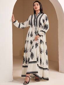 Veilorie Retro Modest Printed Dress For Women, Modest Dress, Modest Dresses For Women, Vacation Dresses, Fall Dresses For Women,Autumn Dress,Fall Dresses,Fall Outfits Women,Autumn Clothes,Autumn - Multicolor - View 5