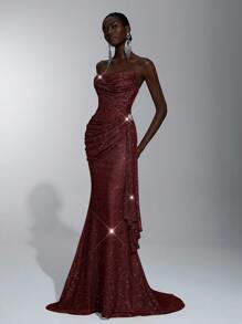 Elitara Cổ áo xếp nếp đính sequin trang nhã, đính đá 3D có thể tháo rời, xếp nếp bên hông, thích hợp cho những dịp trang trọng, đám cưới, tiệc tùng, lễ tốt nghiệp, vũ hội - Màu Đỏ Sâu - Xem 4