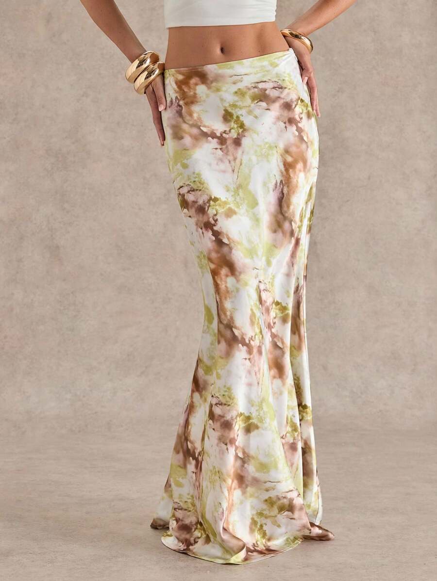 Glamine 女士优雅百搭长裙，扎染印花缎面 - 綠色 - 查看 1