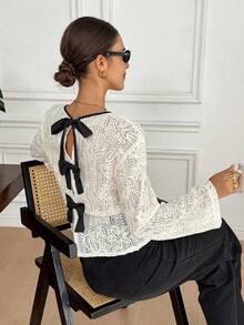 Serisse Blusa elegante de encaje con lazo en la espalda para uso diario, otoño para mujeres, aeropuerto para mujeres, blusas de trabajo para mujeres - Beis - Ver 3