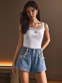 SHEIN Frenchy Quần short denim ống rộng dáng rộng đính đá lấp lánh cho nữ - Màu xanh lam - Xem 7