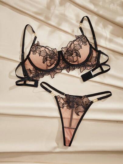 Charlaine Floral Embroidery Mesh Sexy Lingerie Set