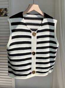 Comfortcana 女式条纹印花V领纽扣休闲毛衣背心 - 黑與白 - 查看 4