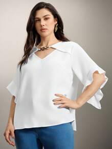 Camisa de talla grande de unicolor con cuello hueco y mangas con volantes - Blanco - Ver 1