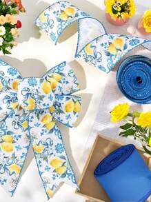 2 Rolls Lemon Wired Edge 2.5inch Yards Blue Tile Lemon Fabric Craft Ribbon For Spring Summer Shower Birthday Gift Wrapping Wreath Bow DIY Crafts