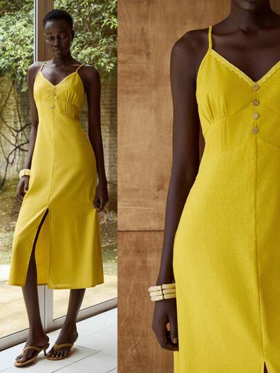 Lumivelle Women's Solid Color Button Design Split Hem Summer Linen Elegant Slip Dress Yellow Linen Maxi Dress Yellow Maxi Dress  Old Money Style Modest Vacation Outfits Woman