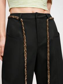 Arave 女士休闲时尚街头撞色系带复古筒裤，阔腿裤，超大款长裤，宽松长裤，流苏裤，灯笼裤，秋季女装，秋季穿搭，女士秋季休闲装，春季穿搭 - 黑色 - 查看 3