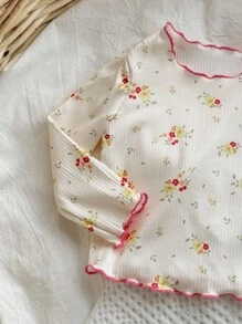 4 sztuki dziewczęcego kwiatowego wzoru marszczonego okrągły dekolt długie spodnie z miękkiej oddychającej piżamy