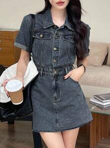 DAZY 女士牛仔短袖连衣裙，休闲时尚，适合日常穿着