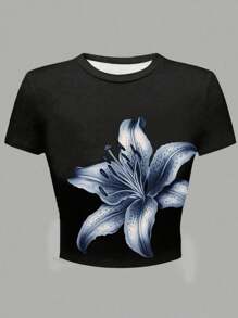 INAWLY 女士休闲花卉印花短袖T恤，夏季 - 黑色 - 查看 3