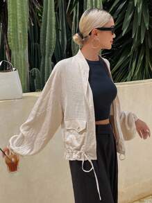 Livesso Women's High Collar Hem Drawstring Loose Regular Jacket Fall/Winter Women Coats - Beige - View 5