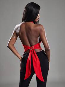 NYA SZN Top con cuello de cowl, halter, con detalle de metal drapeado, espalda descubierta, para eventos, club, fiesta, cita, cumpleaños, vacaciones, verano, otoño, corto, fácil de usar, estilo Ibiza, casual, diario, sexy, para salir, festival, carnaval - Rojo - Ver 1