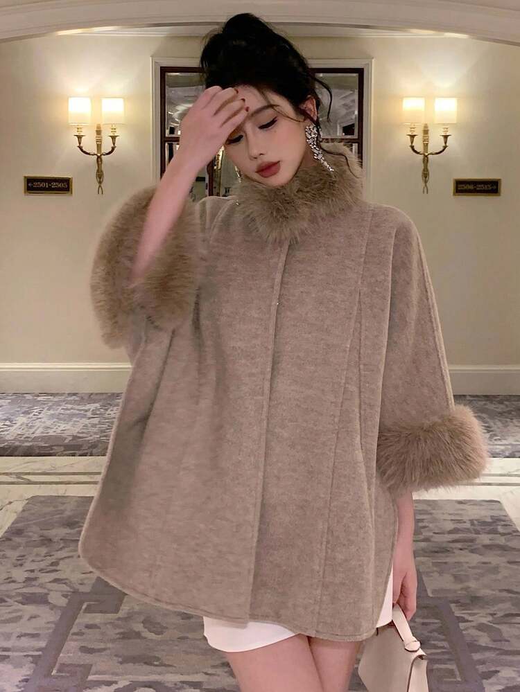 DAZY Patchwork Fur Collar 3/4 Sleeve Cape Coat, Casual & Elegant Women Woolen Jacket For Autumn/Winter - Camel - View 6