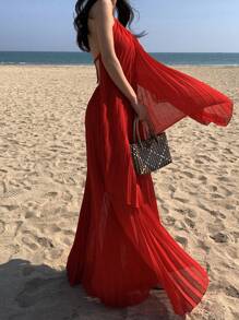 DAZY 2pcs/Set Women's Top And Skirt, Red Mesh Flowy Set,Beach Outfits