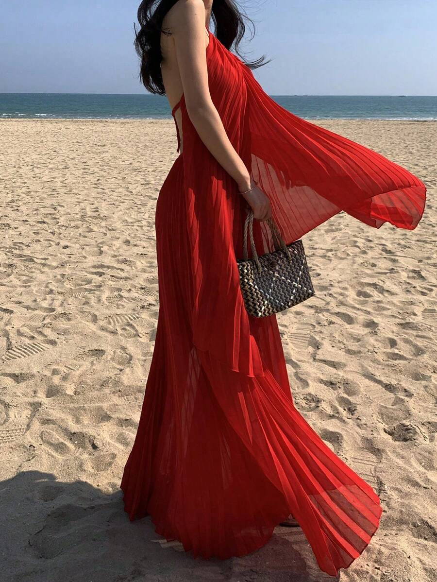 DAZY 2pcs/Set Women's Top And Skirt, Red Mesh Flowy Set,Beach Outfits