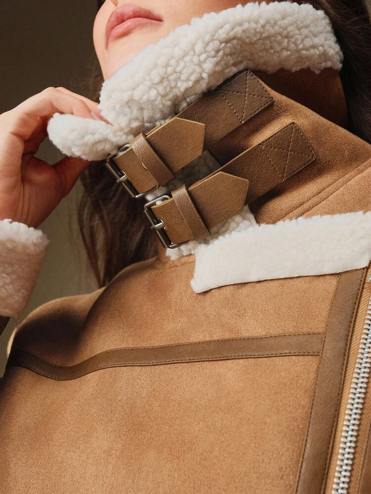 レディース ファッション フェイクシェルパ&フェイクスエード パッチワーク襟ジャケット、秋、冬、お出かけ、エレガント、フォーマル、パーティー、シック、新年、レディースウインタージャケット、クリスマス、仕事、卒業式、結婚式、レディースウインターウェアに適しています