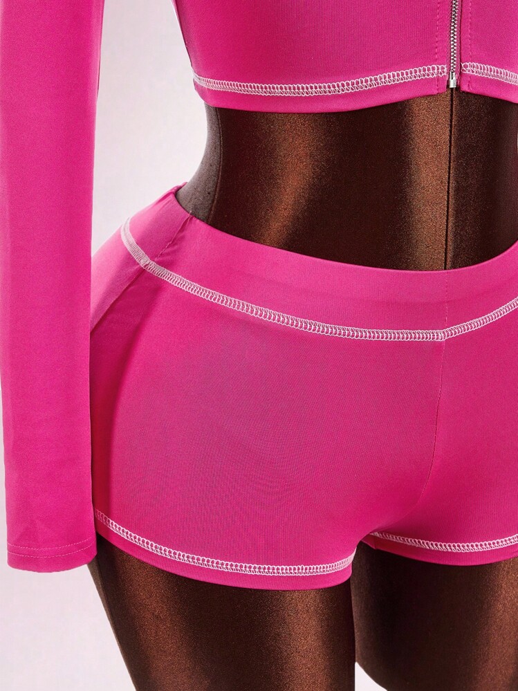 Bumpella 2pcs Women Rhinestone Letter Zip-Up Hoodie Crop Top And Mini Shorts Set Y2k Two Piece Set Pink Two Piece Set - Pink - View 8