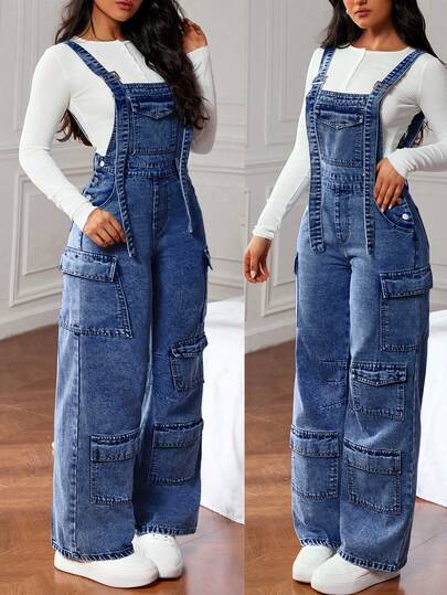 SHEIN ICON 女式宽松休闲牛仔连体裤，带多个口袋，女式牛仔工装裤