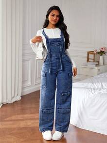 SHEIN ICON 女式宽松休闲牛仔连体裤，带多个口袋，女式牛仔工装裤