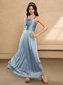 少女蓝缎高端感连衣裙，新款优雅淑女宴会晚礼服，修身长款礼服 - 藍色 - 查看 3