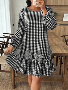 EMERY ROSE Plus Size Casual Plaid Floral Decor Dress, Asymmetrical Floral Cutout Fall Cloth For Women - Multicolor - View 1