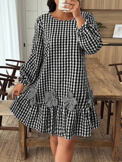 EMERY ROSE 加大码休闲格子花卉装饰连衣裙，不对称花卉镂空秋季女装