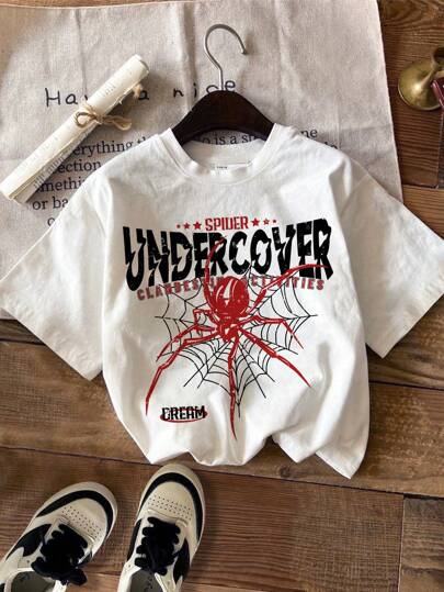 Manfinity Joysei Áo thun nam cổ tròn tay ngắn họa tiết nhện dệt kim màu trắng, phong cách Rock And Roll, quà tặng bạn trai, đi chơi, emo, phong cách thập niên 2000