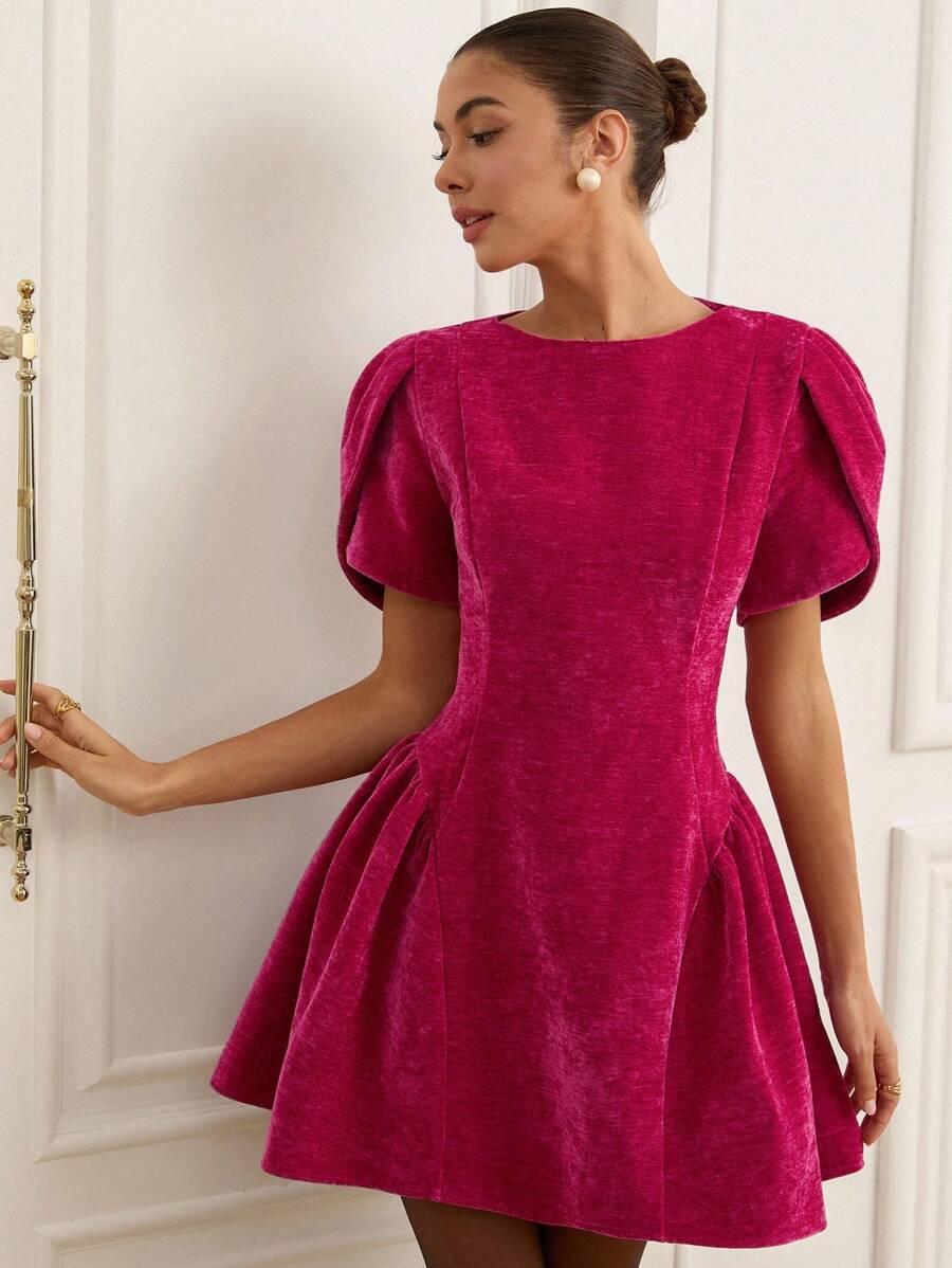 BELROSIE Tulip Design Princess Style Short Sleeve Round Neck Hem Spliced A-Line Mini Dress For Women - Hot Pink - View 1