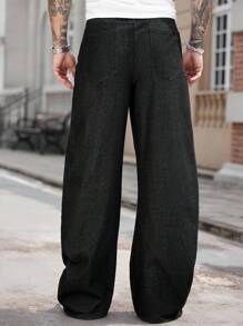 Manfinity Homme جينز أسود بنمط زر بسيط ومتناقض، جلد طبيعي - الأسود - مشاهدة 2