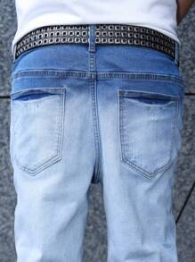 Manfinity EMRG 男式浅蓝色做旧贴布弹力紧身牛仔裤 - 淺色水洗藍 - 查看 5