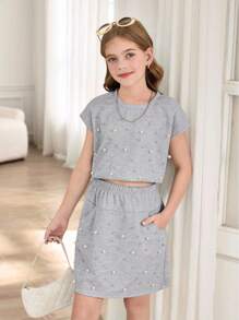 Set de 2 piezas de top sin mangas con rhinestones + falda con cintura anudada con rhinestones para niñas preadolescentes, conjunto de estilo casual de calle - Gris - Ver 1
