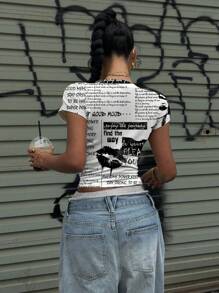 Muchica Personalized Street Collage Lip Graphic Tight Crop Top Shirt, Black & White Style, Suitable For Summer Back To School - White - View 2