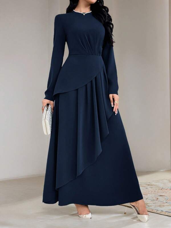 Veilorie Burgundy Red Women's Elegant Solid Color Fold Pleated Waist Ruffle Trim Dress Long Evening Dresses