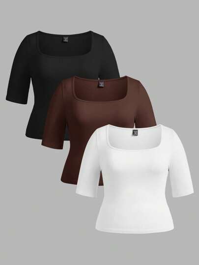 SHEIN BASICS 3pcs/Set Casual Básica Traditional Western Smart Knit Square Neck Short Sleeve Slim Fit Plus Size T-Shirts For Women Black White Summer Tops Brown